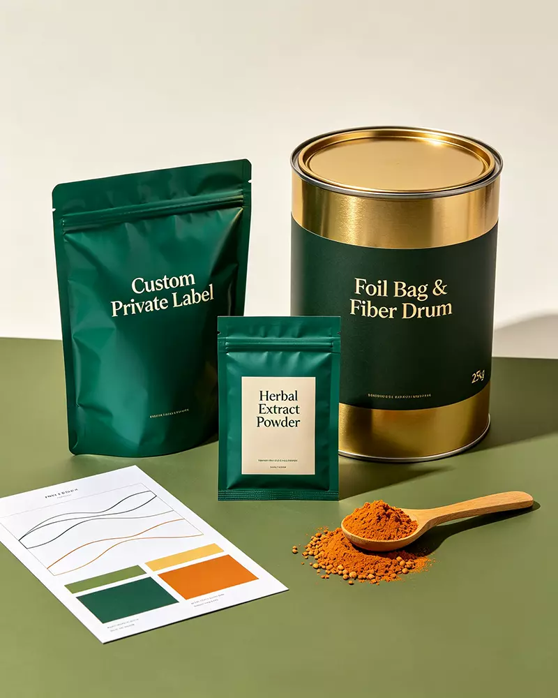 Custom private label foil bag fiber drum OEM service for herbal extract powder
