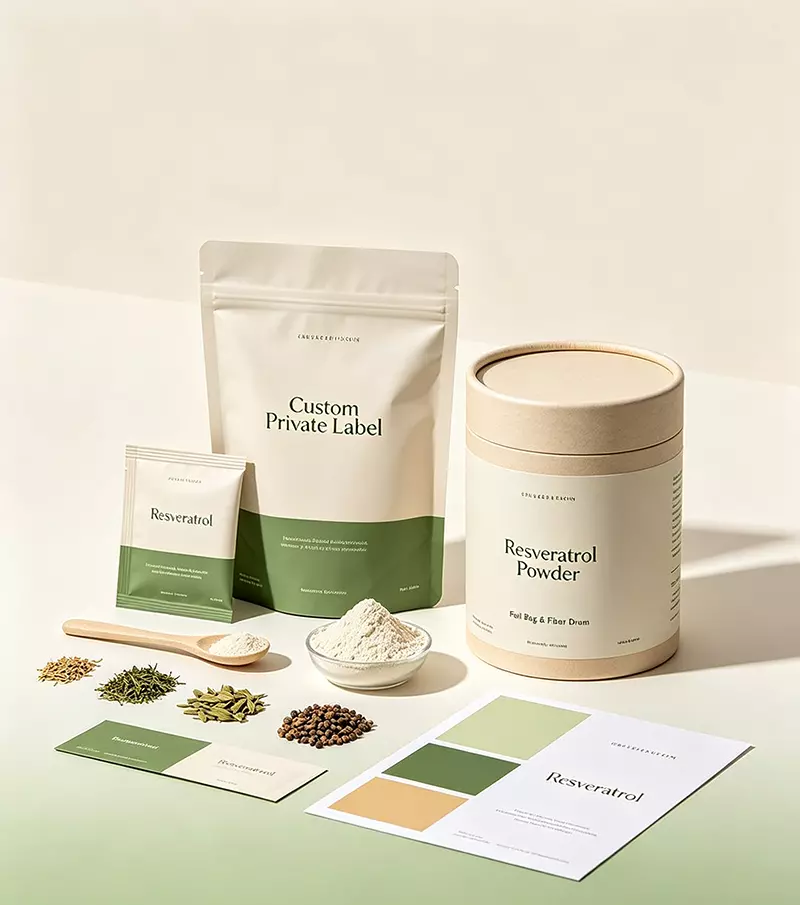 Custom private label foil bag fiber drum OEM service for resveratrol powder