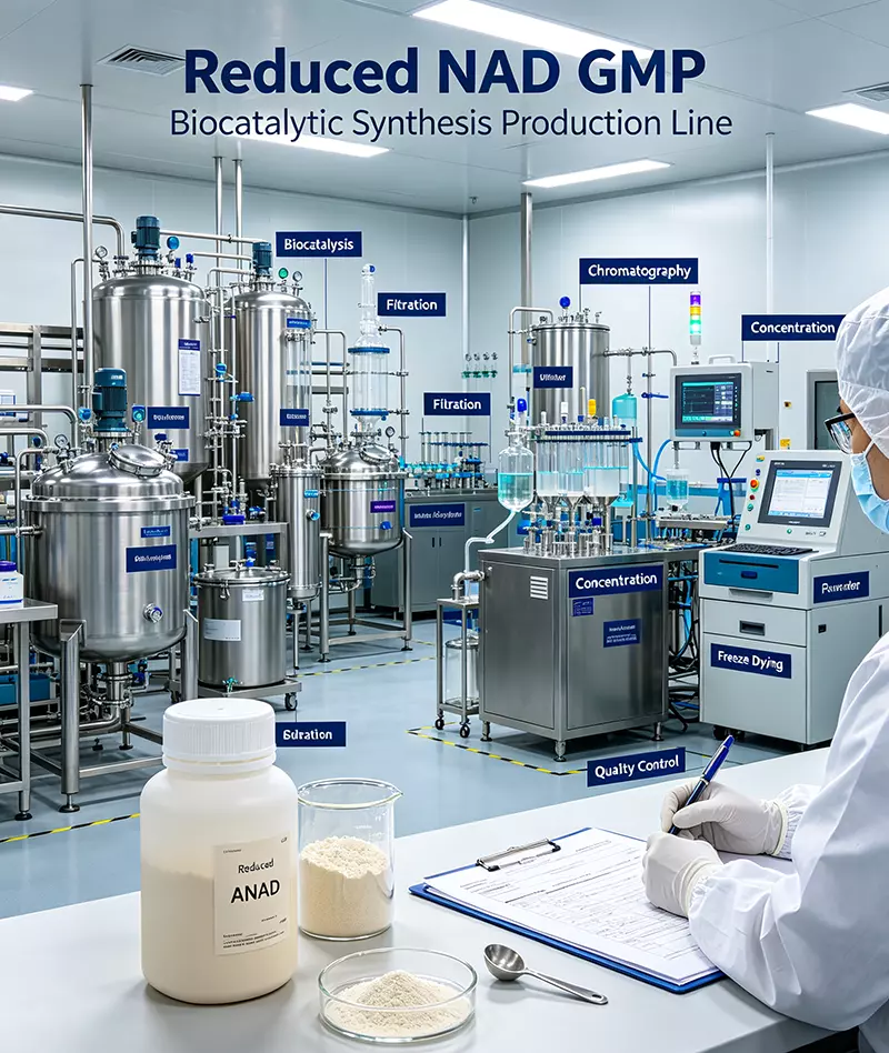 Reduced NAD GMP biocatalytic synthesis production line