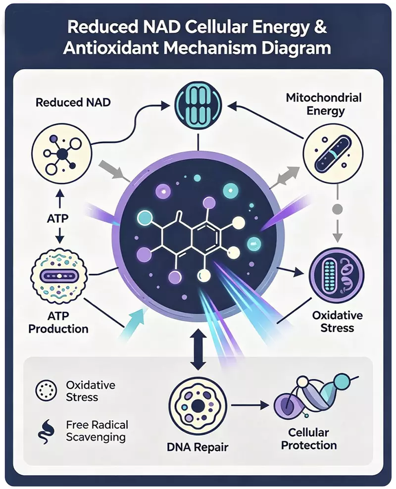 Reduced NAD cellular energy antioxidant mechanism diagram
