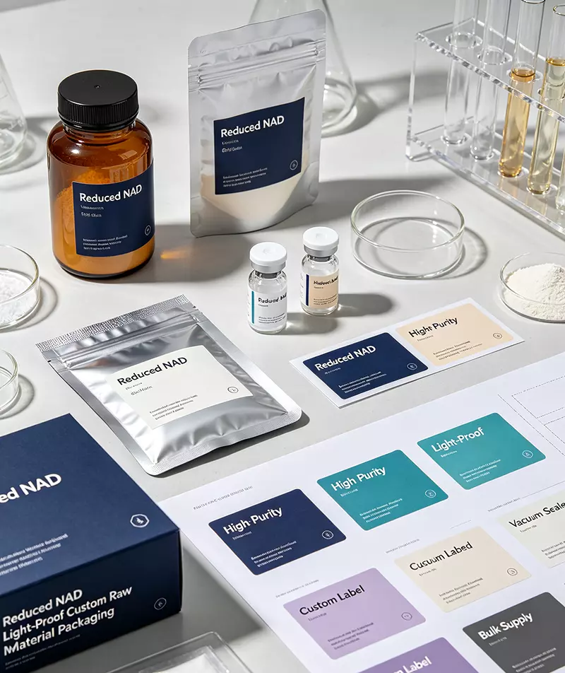 Reduced NAD light-proof vacuum custom raw material packaging