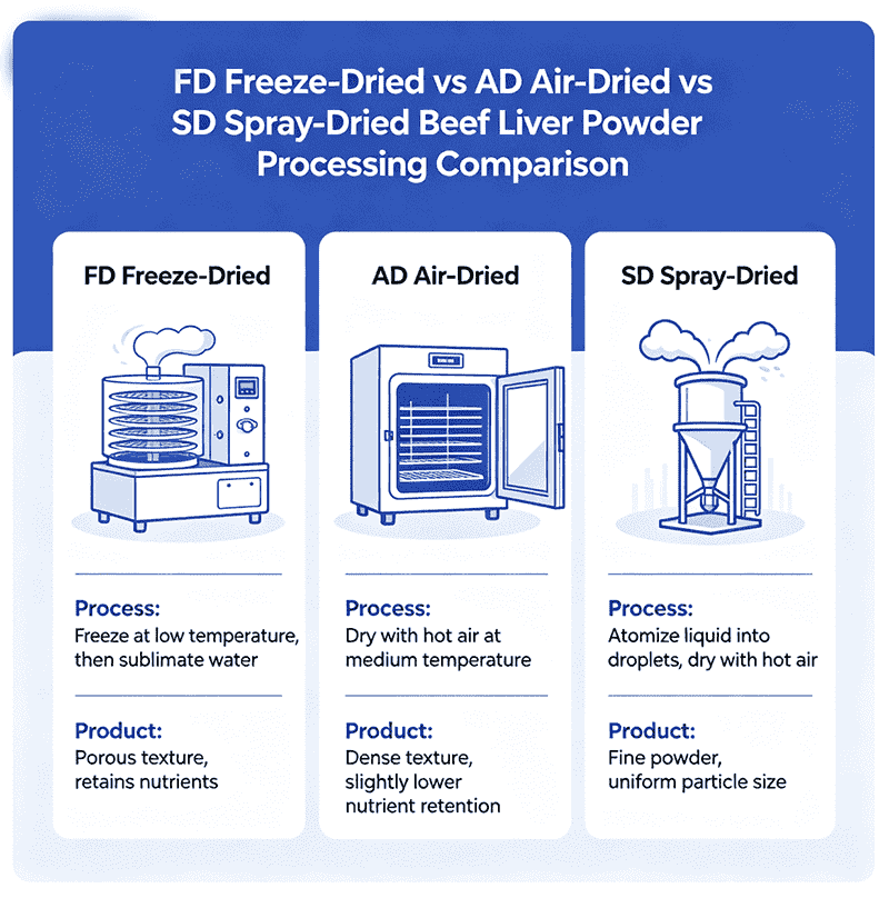 FD freeze-dried vs AD air-dried SD spray-dried beef liver powder processing comparison