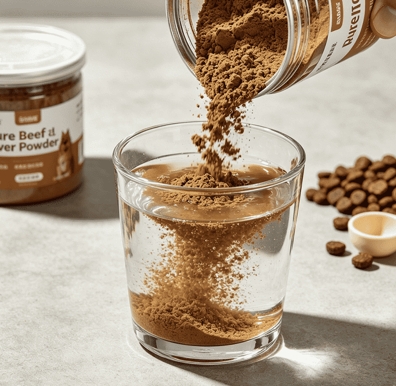 Water-soluble pure beef liver powder mixed with pet food and complementary meals
