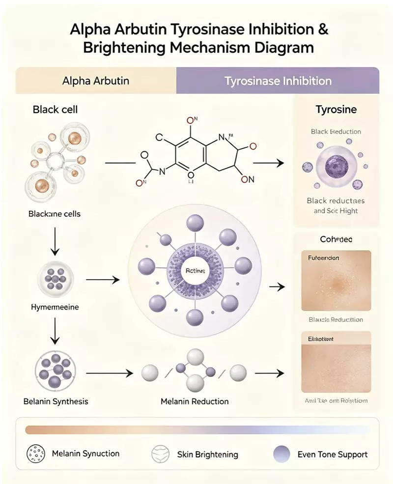 Alpha Arbutin tyrosinase inhibition brightening mechanism diagram