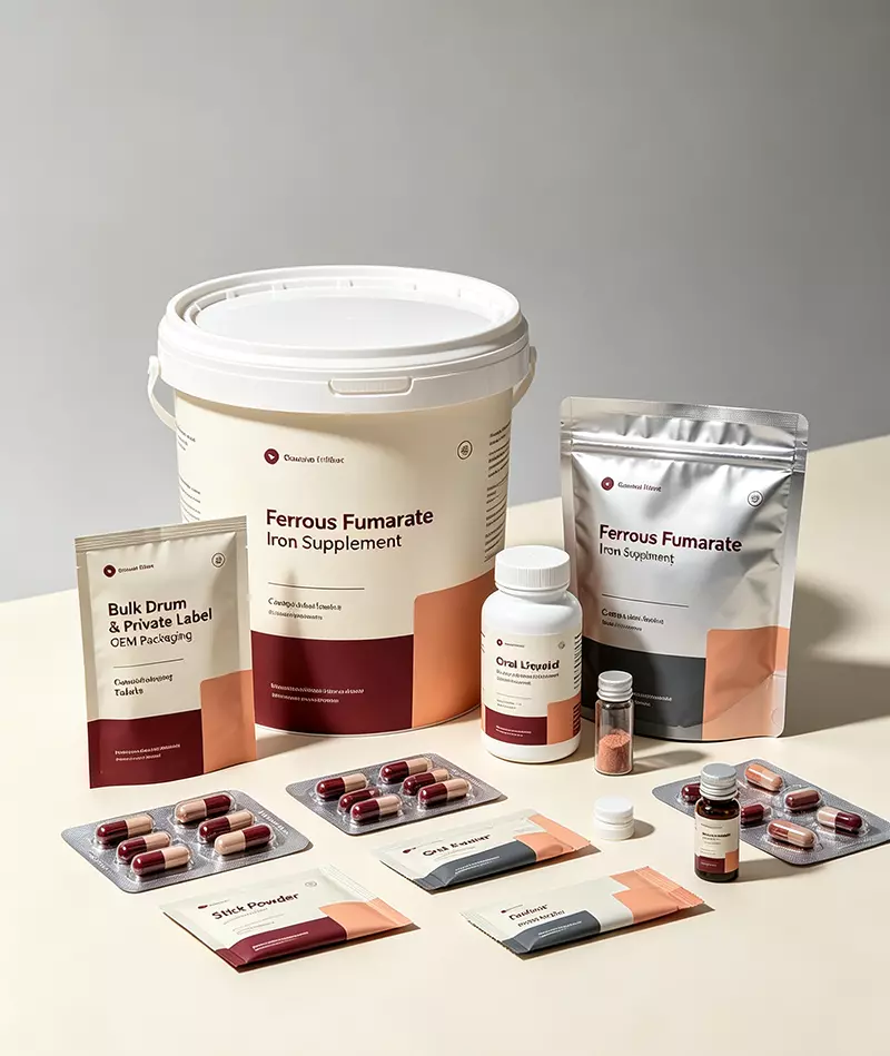 Ferrous fumarate bulk drum and private label OEM packaging