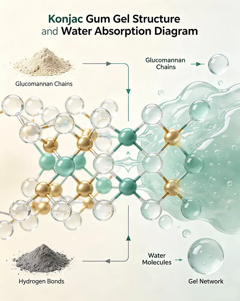 Konjac Gum gel structure and water absorption diagram