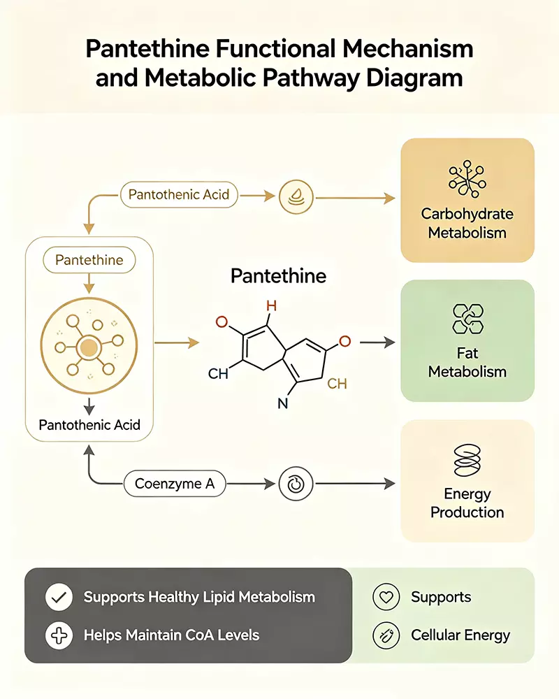 Pantethine functional mechanism and metabolic pathway diagram
