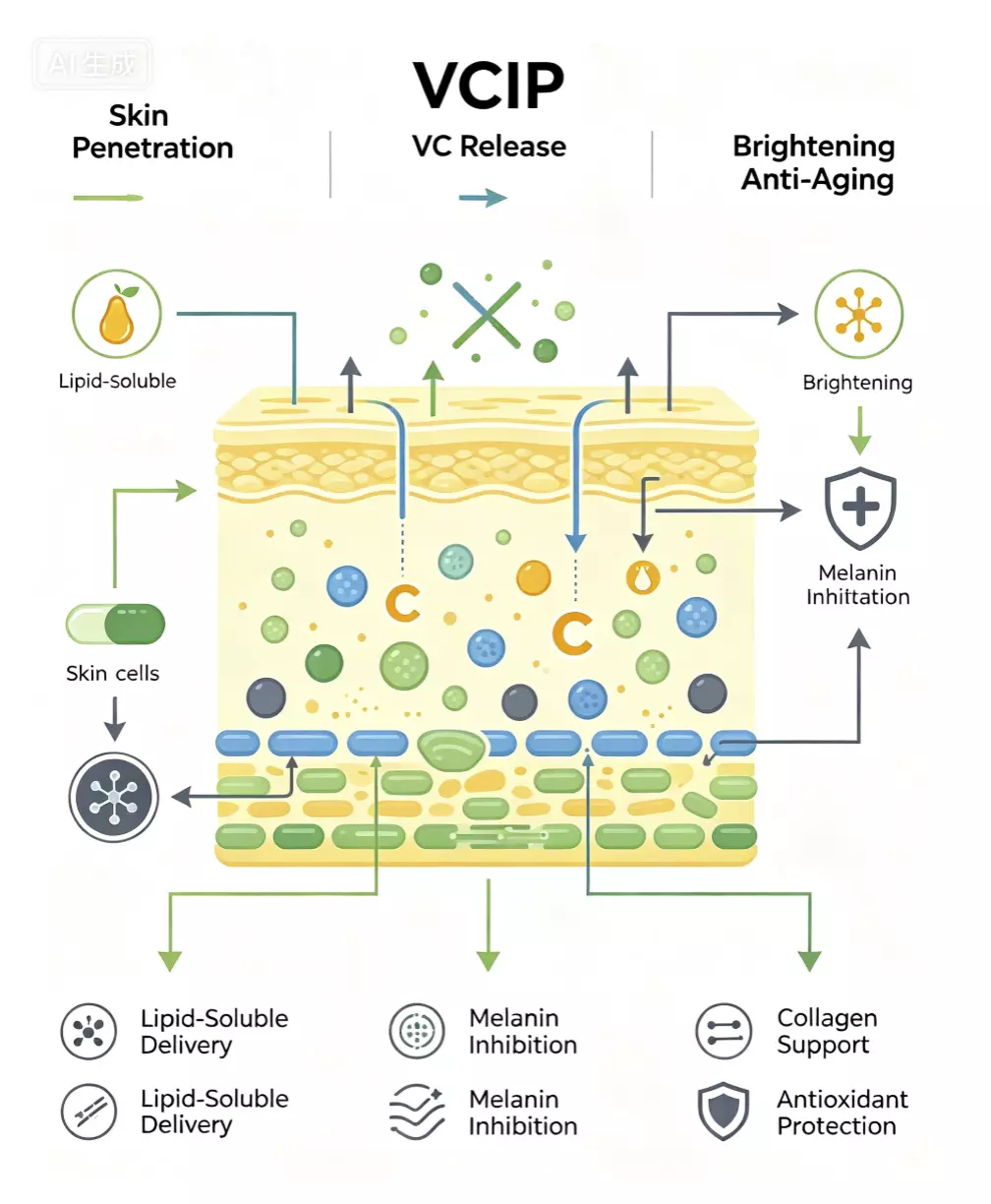 VCIP skin penetration VC release brightening anti-aging mechanism diagram